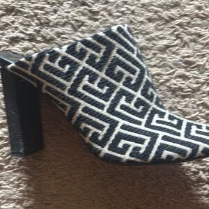 Balmain Black and White Geometric Mules with Block Heel